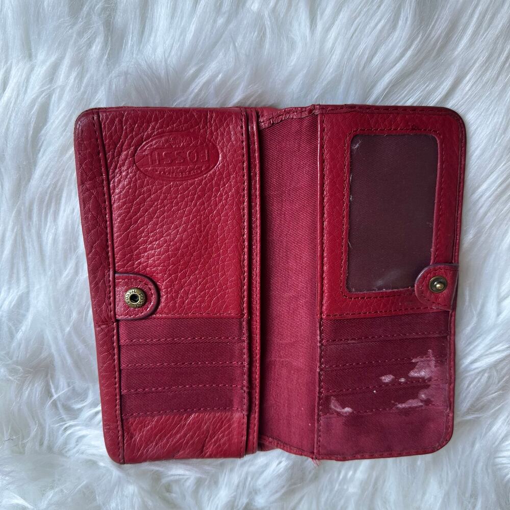 Vintage Fossil Preston Two Tone Red Pebble Leather Bifold Clutch Wallet Zip Snap - Picture 4 of 5